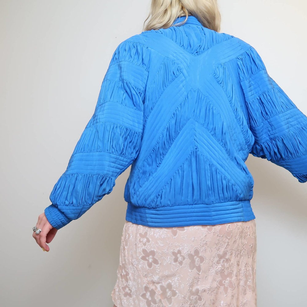 Vintage 80s Perlita blue silk ruched track jacket - Picture 5 of 8